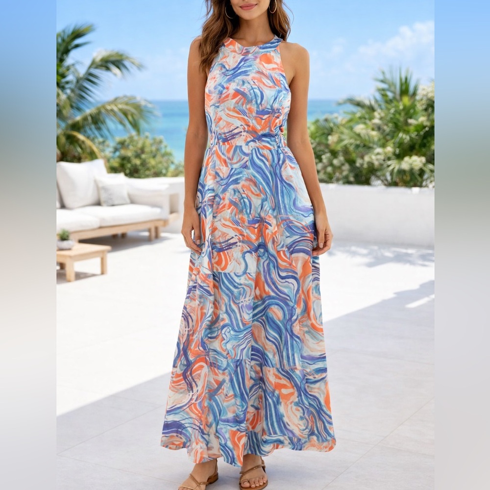 Tahari Sleeveless Marble-Print Maxi Dress in Blue & Orange